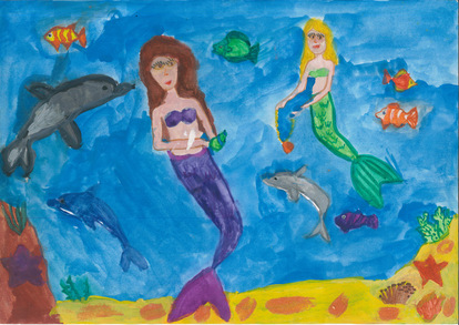 рисунка да русалки, плуващи с делфини
