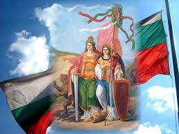 Обединена България - две жени с мечове и знаме зад тях